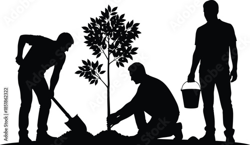 Three Men Planting a Tree Together Silhouette Symbolizing Environmental Conservation Sustainability Reforestation Earth Day Community Teamwork and Ecological Growth Vector (Exactly 20 words)