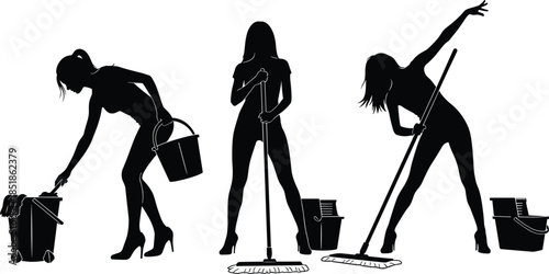 Women cleaning floor silhouettes with mops and buckets, professional housekeeping service set, hygiene and housework cad drawing flat vector illustration. (21 words)