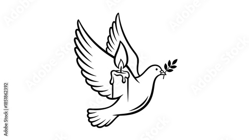 Flying dove with olive branch and burning candle, symbolizing peace, hope, and remembrance.