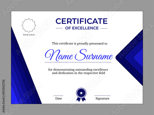 Professional certificate with blue geometric accents on borders, modern layout for honoring excellence