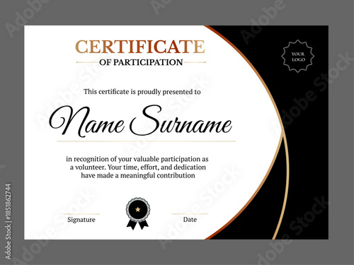 Elegant certificate with black, white, and gold color scheme, designed to honor volunteer participation
