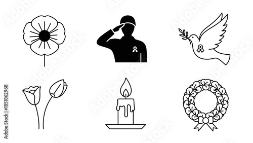 Remembrance Day and Memorial Day vector line icons set for honoring fallen soldiers and veterans.