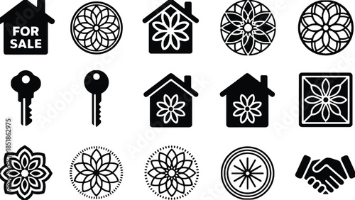 A collection of real estate and decorative icons including houses, keys, and floral patterns.