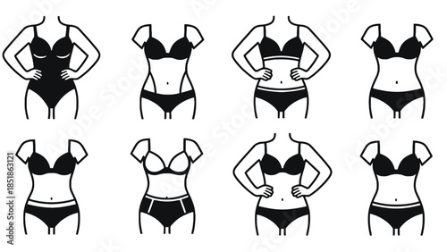 Diagram shows eight different female body types in underwear.