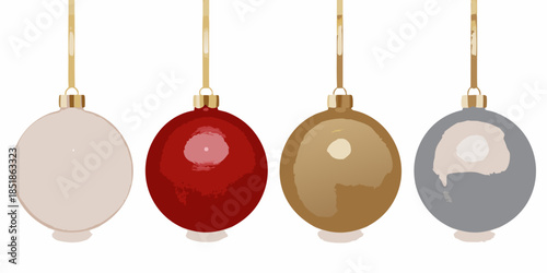A collection of colorful round christmas ornaments hanging from golden threads