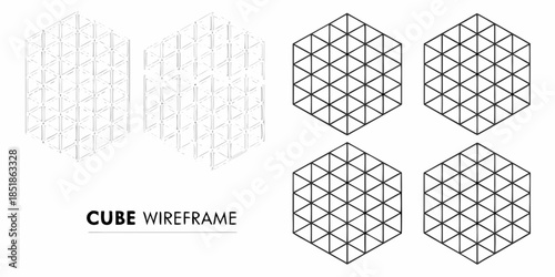 Isometric cube wireframe illustrations showing different perspectives and geometric designs