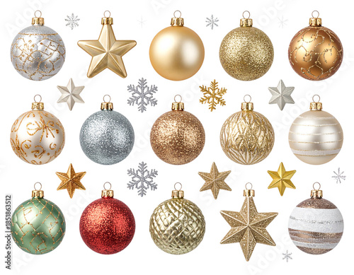 Collection set of various Christmas ornaments isolated on transparent or white background, png
