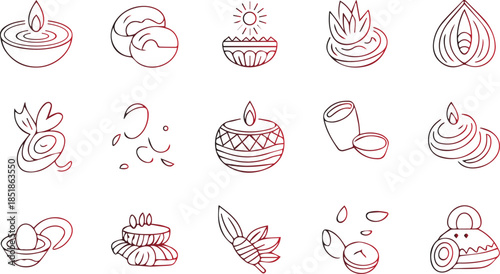 A collection of delicate line art illustrations depicting various traditional indian cultural festive and aromatic elements on transparent background high-quality professional detailed
