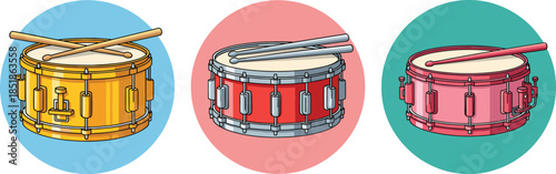 Colorful snare drum illustration set with drumsticks in circular backgrounds flat vector design for music education, band, and creative projects