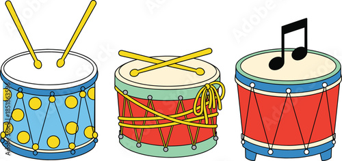 Cartoon drum instruments set with colorful percussion and musical note flat vector illustration for kids music education and playful design