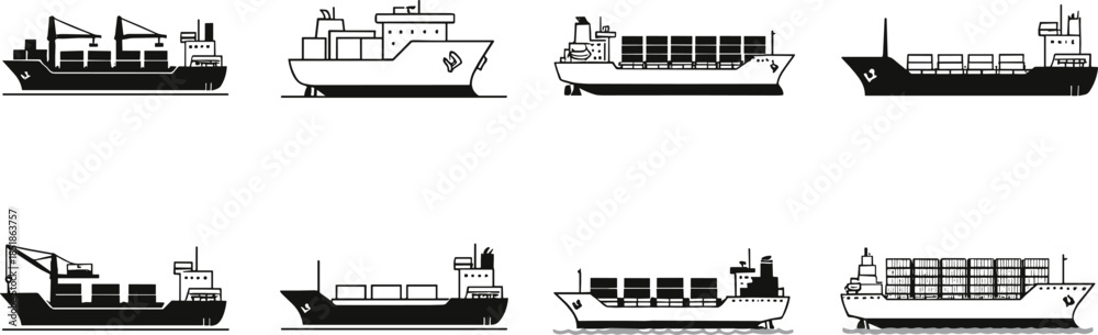 Obraz premium Cargo ship silhouette icon collection with different vessel types flat vector illustration isolated on white background for maritime and logistics design