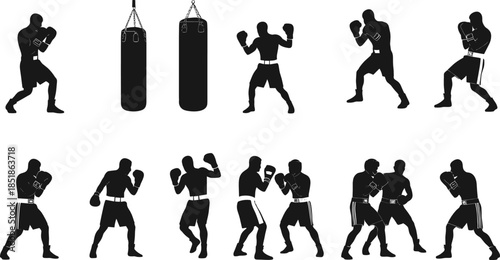 Boxing training and sparring silhouette collection with fighters and punching bag workout poses flat vector illustration isolated on white background for sports design