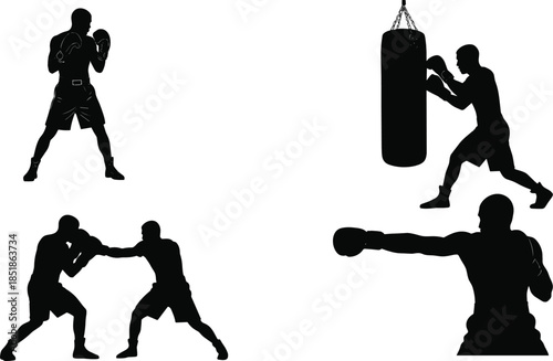 Boxing training silhouette collection with sparring punching and heavy bag workout poses flat vector illustration isolated on white background for fitness design