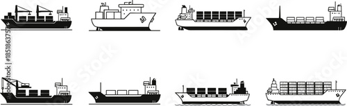 Cargo ship silhouette icon collection with different vessel types flat vector illustration isolated on white background for maritime and logistics design