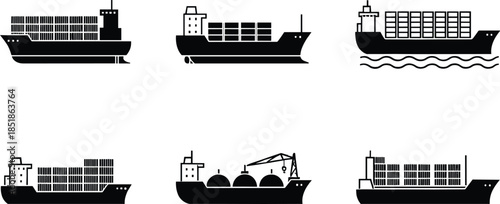 Container cargo ship silhouette collection with different vessel profiles flat vector illustration isolated on white background for maritime and logistics design