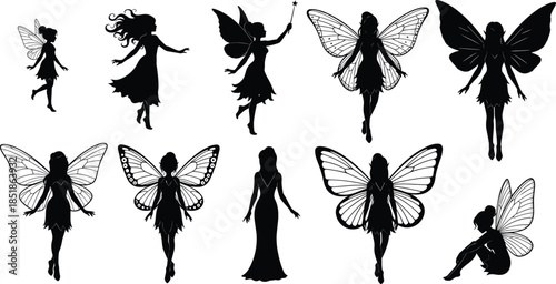 Fairy silhouette collection with winged fantasy female characters flat vector illustration set isolated on white background for magical design