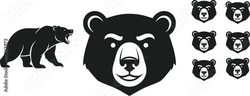 Bear logo design set with head icons and walking silhouette flat vector illustration for branding and mascot use