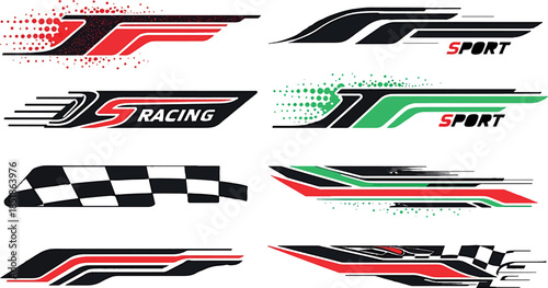 Racing Decal Design Set: Speed Lines, Checkered Flags & Sport Badges for Cars, Bikes, Apparel