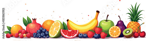 Fresh Fruit Border Illustration with Banana Apple Berry and Pineapple Vector for Food Design