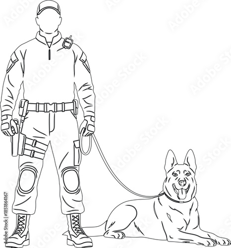 Line Art Illustration of a Tactical Security Officer with a K9 German Shepherd Police Dog on a Leash, Professional Security Guard and Working Dog Vector Drawing AI Generative