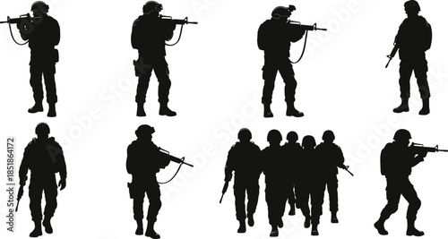 Military Soldier Silhouette Collection featuring Tactical Infantry Squad in Movement, Walking, Aiming and Combat Stances, Professional Army Operator Vector Illustration Set AI Generative