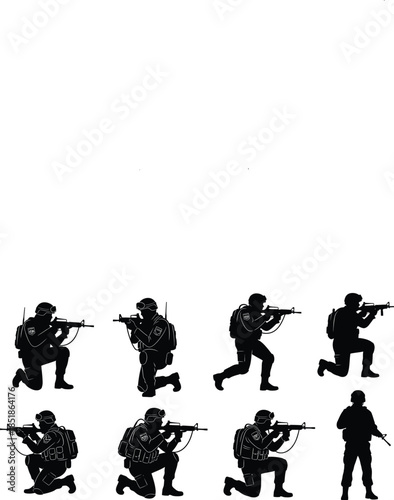 Set of Black Silhouettes of Tactical Soldiers and Military Special Forces Operators in Various Combat Poses, Kneeling and Aiming Rifles, Infantry Battle Action Vector Graphics Collection AI Generative