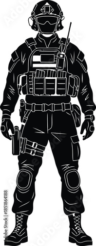 Full Body Silhouette of a Special Forces Tactical Soldier in Combat Gear with Helmet, Plate Carrier, and Radio, Black and White Vector Illustration Stencil Style AI Generative