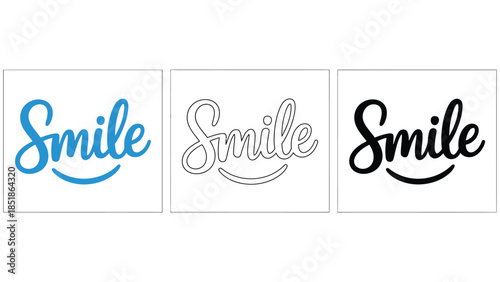 Three variations of the word "Smile" are presented in different styles.