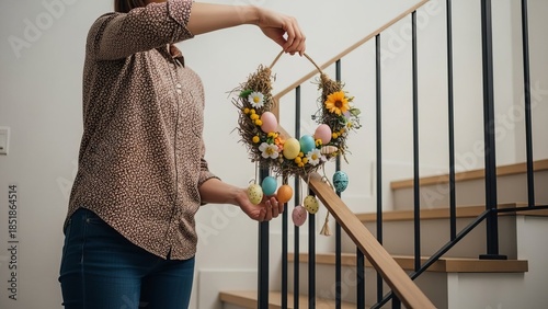 Woman Hanging Floral Wreath on Staircase Rail.