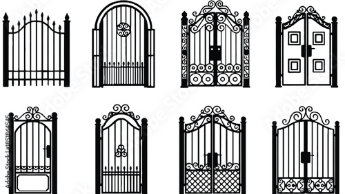 A collection of ornate wrought iron gates is displayed against a white background.
