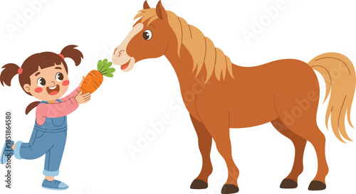 Cute girl feeding a horse with a carrot, happy child and friendly animal interaction, farm animal care, adorable cartoon illustration