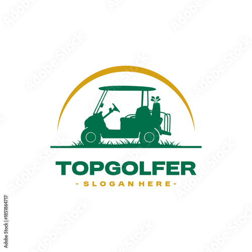 Golf Sports Logo Design Vector. Concept of golf cart icon with the sun.