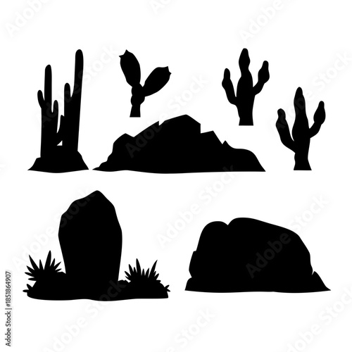 Silhouettes of desert flora and rocks
