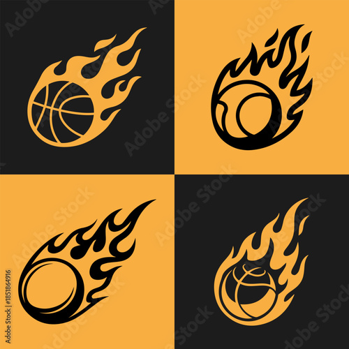 A dynamic set of four flaming basketball logos in black and orange-yellow, perfect for sports branding