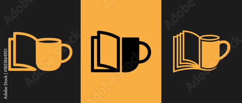 Book and coffee mug icon set showing three variations on a dark and yellow background