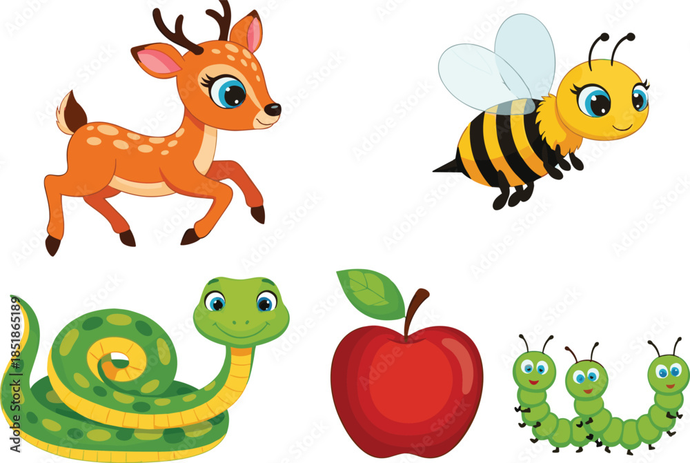 Obraz premium Cute Cartoon Forest Animals and Nature Elements Set Including Deer Bee Snake Apple and Caterpillars, Colorful Flat Vector Illustration for Kids Design