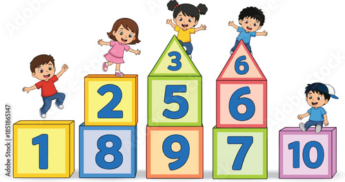 Cute Kids Learning Numbers with Colorful Blocks, Educational Cartoon Vector Illustration for Preschool Math, Children Education, Kindergarten Activities, and Early Learning Concepts