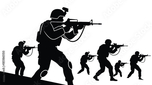 A group of soldiers advance with their rifles in a strategic formation.