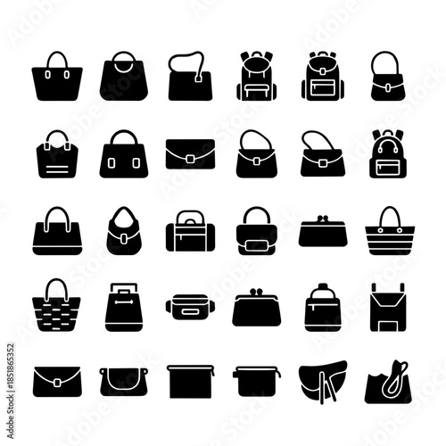 Bag Icons Set: Vector Solid Glyph Style for Fashion, Travel, and Shopping Design.