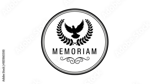 In Memoriam circular emblem with dove and laurel wreath, remembrance symbol.