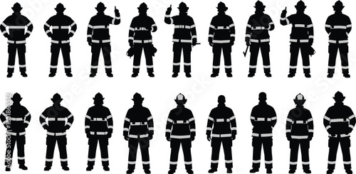 Firefighter silhouettes in protective uniforms isolated on white background, emergency service workers, fire rescue team, safety, and first responder concept