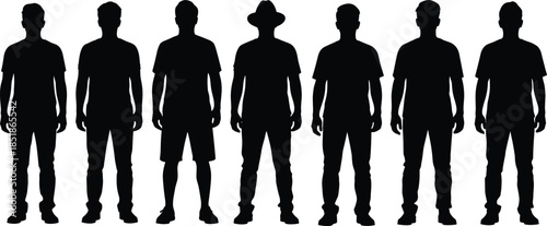 Male silhouettes standing in a row isolated on white background, casual men clothing, human body proportions, posture comparison, and people diversity concept