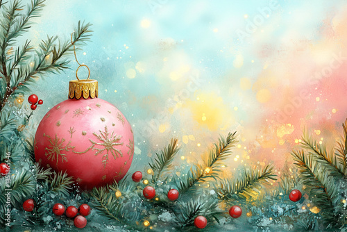 Christmas card with copy space, fir decorated branch and a glass ball, in saft paste tones