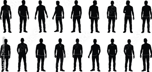Male silhouettes standing in various casual poses isolated on white background, human body proportions, posture variety, lifestyle people, and modern character set