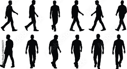 Male walking silhouettes set isolated on white background, human movement sequence, casual stride poses, body motion study, and urban lifestyle concept