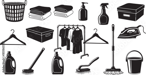 Household laundry and cleaning supplies icons