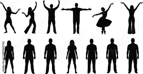 People silhouettes dancing and standing in expressive body poses isolated on white background, human movement, creativity, freedom, lifestyle, and artistic performance concept