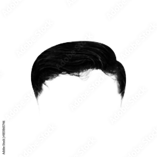 Black and white halftone illustration of a short classic male hairstyle silhouette isolated on white background. Minimal barber and grooming concept with vintage dotted print texture.