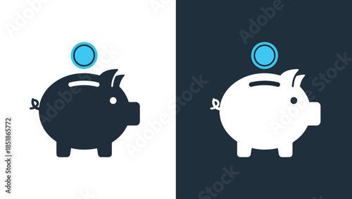 Piggy bank icon set - Blue icon set - Solid icons vector collection - Vector icon set - Line and glyph solid icon set - Icon vector - Flat Design Icon