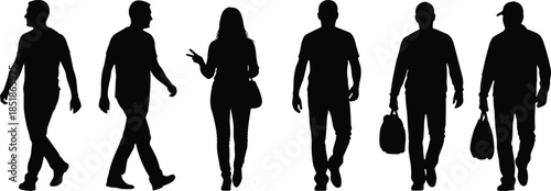 People walking silhouettes carrying bags and gesturing isolated on white background, urban lifestyle, daily commute, movement, and modern city life concept